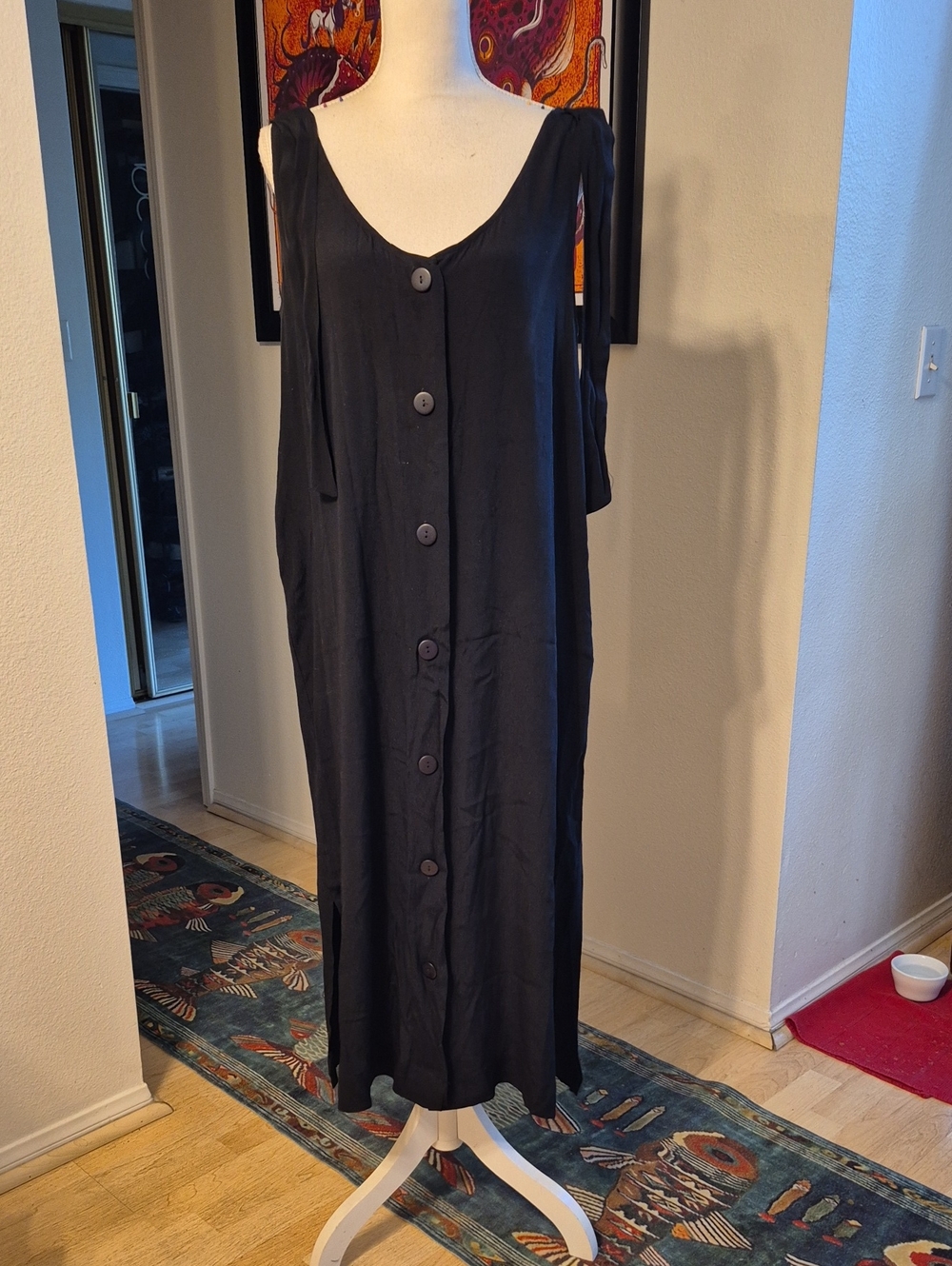All Row Black Maxi Dress Button Closure Side Slits Shoulder Straps With Pockets